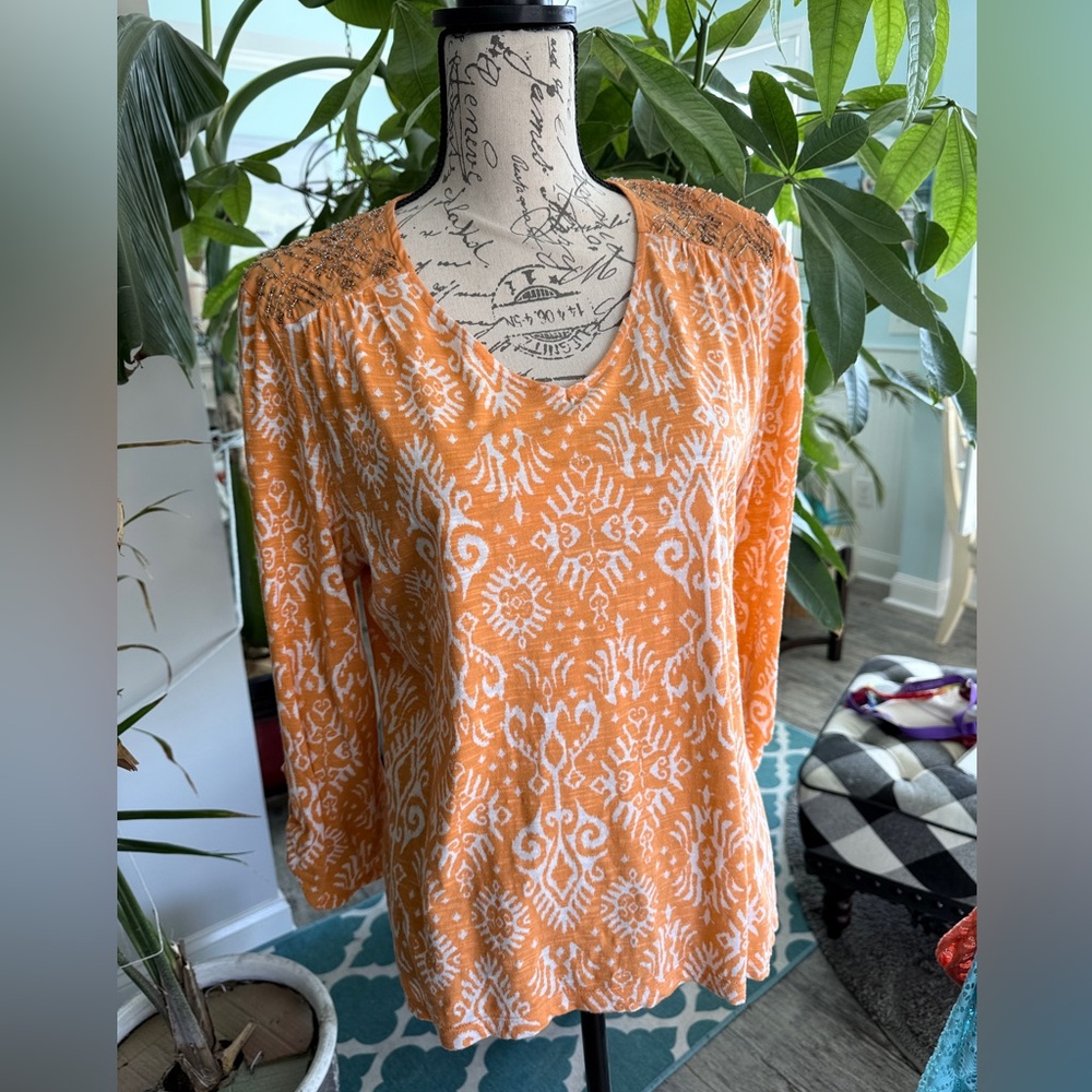 Chico's Vibrant Orange Blouse with White Batik Pattern
